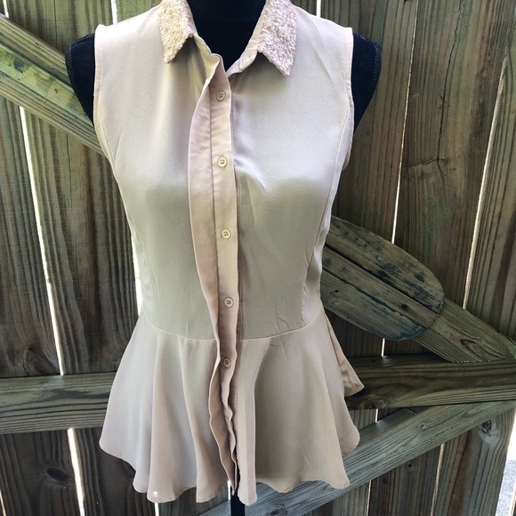 A.Maglia Tan Sleeveless Peplum Blouse with Sequin Collar & Lace Panel in Back - Picture 2 of 8